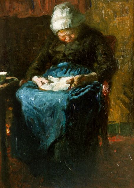 Bernard Blommers | Elderly lady asleep, Öl auf Holz, 34,7 x 24,7 cm