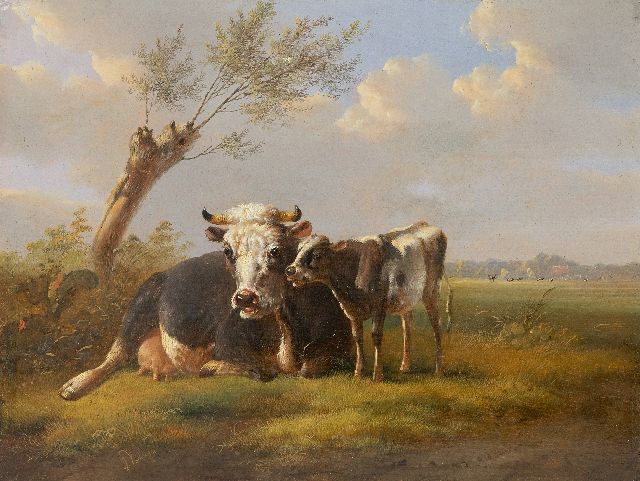 Albertus Verhoesen | Kuh und ihr Kalb in einer Wiesenlandschaft, Öl auf Holz, 23,0 x 29,8 cm, Unterzeichnet u.l. und datiert 1853