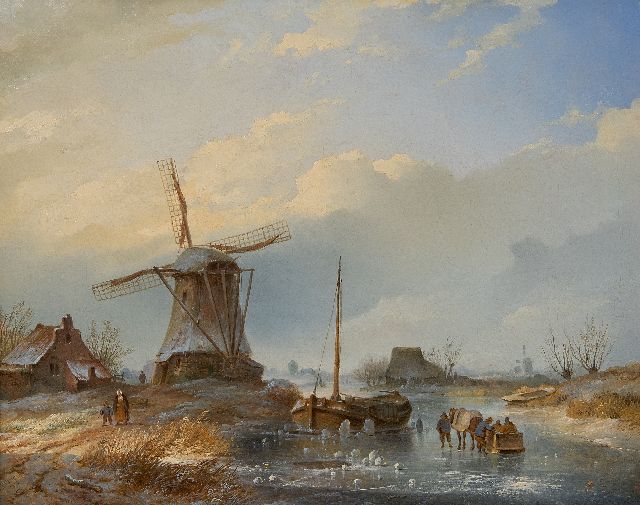 Johannes Hilverdink | Ein kalter Wintertag mit Figuren auf dem Eis bei einer Windmühle, Öl auf Leinwand, 40,0 x 50,5 cm, Unterzeichnet u.l. und datiert 1842