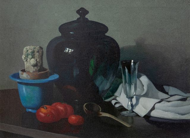 Adriaan van 't Hoff | Stillleben mit Kaktus in einem Topf, Glasschale und Tomaten, Öl auf Leinwand, 56,7 x 75,8 cm
