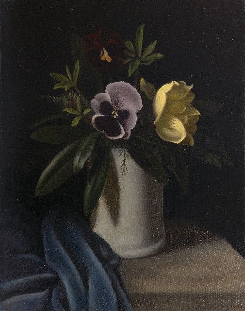 Marguerite Hynckes-Zahn | Blumenstillleben mit Veilchen und Rose, Öl auf Leinwand  auf Holzfaser, 42,6 x 33,7 cm, Unterzeichnet u.r. mit Initialen
