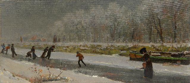 Daniël Jordens | Skater auf einem gefrorenen Fluss, Öl auf Leinwand  auf Holzfaser, 27,3 x 59,8 cm, Unterzeichnet u.r. und datiert 1909