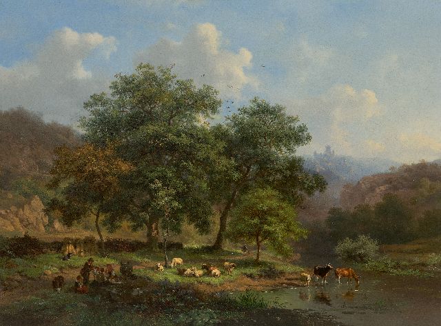 Frederik Marinus Kruseman | Sommerlandschaft mit ruhenden Bauern und Vieh an einem Fluss, Öl auf Tafel, 48,1 x 64,4 cm, Unterzeichnet u.l.