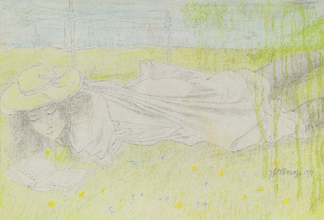 Jan Toorop | Junge Frau feministische Prosa lesend ('Vrouwenrecht), Bleistift und Kreide auf Papier, 16,2 x 20,5 cm, Unterzeichnet u.r. und datiert 1897