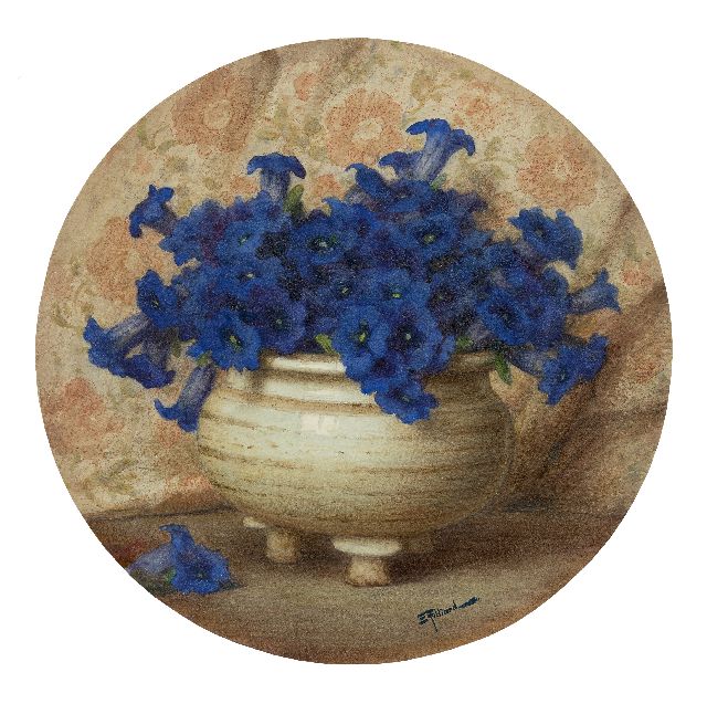 Ernest Filliard | Lila Blumen in einem Topf, Aquarell auf Papier, 36,3 x 36,3 cm, Unterzeichnet u.r.