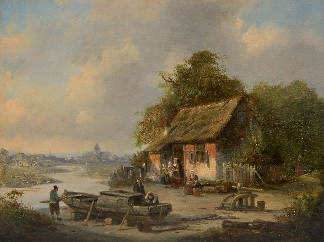 Jacques Carabain | Flusslandschaft mit Bauernhof und Werft, Öl auf Holz, 19,3 x 25,3 cm, Unterzeichnet u.l.