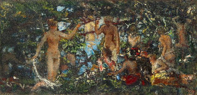 Gerard Westermann | Badende Frauen im Wald, Öl auf Holz, 25,4 x 51,6 cm, Unterzeichnet u.r. mit Monogramm und verso datiert 1950