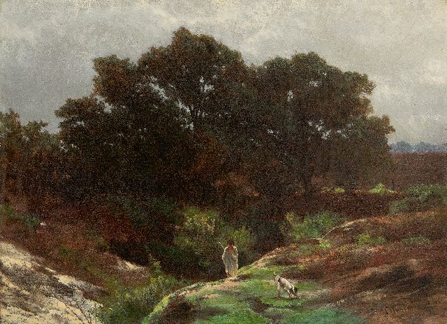 Hanedoes L.  | Junger Hirte mit seinem Hund in einer Heidelandschaft, Öl auf Leinwand 25,4 x 34,2 cm, Unterzeichnet u.r. und im Verso mit Künstlerstempel und datiert 1863
