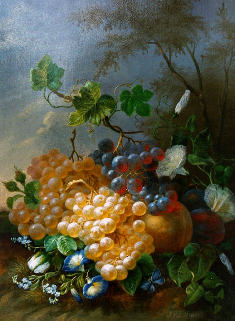 Jan van der Waarden | A still life with flowers, peaches and grapes, Öl auf Holz, 34,6 x 26,7 cm, signed l.r. with initials und dated 1857