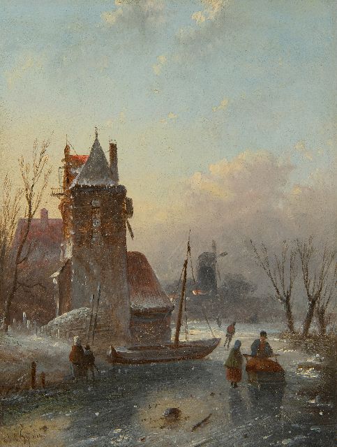 Jacob Jan Coenraad Spohler | Eisszene mit Skatern, Öl auf Holz, 18,9 x 14,6 cm, Unterzeichnet u.l.