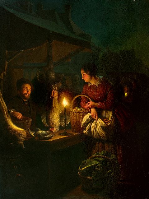 Petrus van Schendel | Wild- und Geflügelverkäufer im Kerzenlicht, Öl auf Holz, 57,0 x 42,8 cm, Unterzeichnet u.r. und datiert 1856