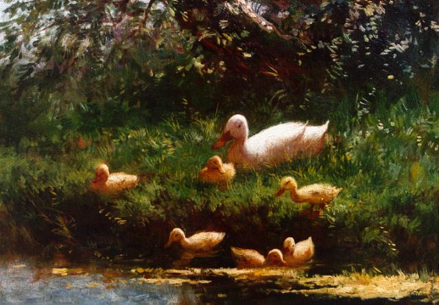 Constant Artz | Duck with ducklings watering, Öl auf Holz, 17,5 x 23,5 cm, signed l.l.
