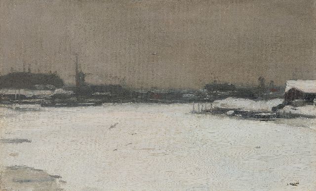 Cor Noltee | Flussblick im Winter, Öl auf Leinwand, 30,5 x 49,2 cm, Unterzeichnet u.r.