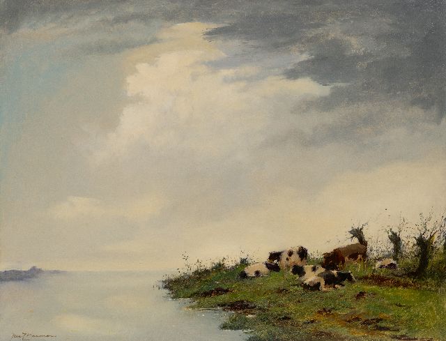 Jac. J. Koeman | Kühe am Flussufer, Öl auf Holzfaser, 61,4 x 81,4 cm, Unterzeichnet u.l.
