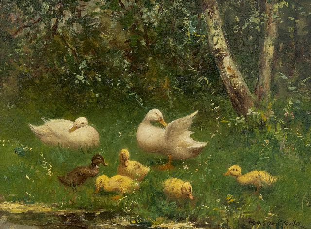 Constant Artz | Enten mit Küken am Ufer, Öl auf Tafel, 18,1 x 24,5 cm, Unterzeichnet r.u.