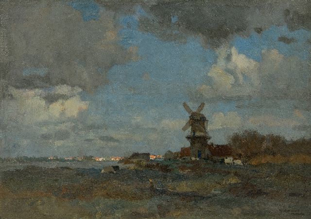 Ype Wenning | Polderlandschaft mit Vieh und Mühle, Öl auf Leinwand, 22,7 x 31,3 cm, Unterzeichnet u.r. und ohne Rahmen