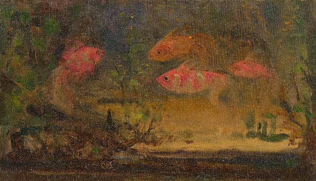 Gerrit Willem Dijsselhof | Schleierschwanzfischen, Öl auf Leinwand  auf Holzfaser, 19,1 x 31,6 cm, Unterzeichnet u.l. mit Monogramm