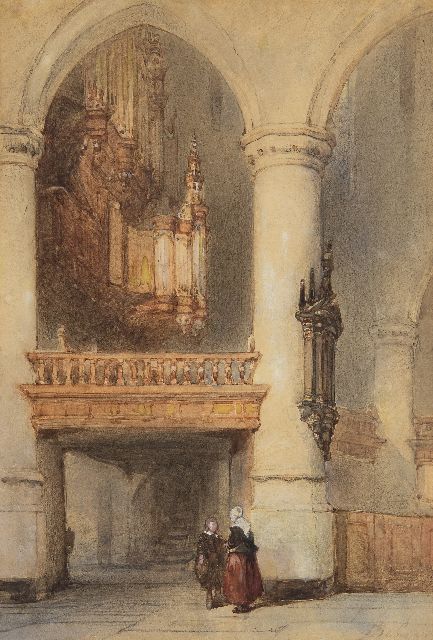 Johannes Bosboom | Innenraum der Oude kerk in Delft, Kreide und Aquarell auf Papier, 28,2 x 19,5 cm, Unterzeichnet u.r.