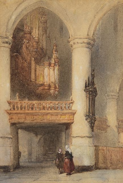 Johannes Bosboom | Innenraum der Oude kerk in Delft, Kreide und Aquarell auf Papier, 28,2 x 19,5 cm, Unterzeichnet u.r. und zu datieren um 1855