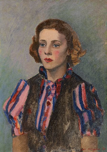 Jan Wiegers | Frau mit gestreifter Bluse, Öl auf Leinwand, 65,1 x 46,1 cm, Unterzeichnet u.r. und datiert '40