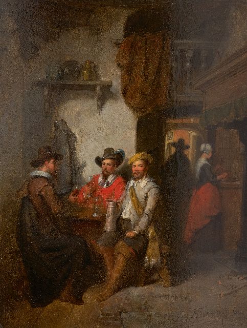 Hendricus Johannes Scheeres | Trinkende Gesellschaft in einem Gasthaus, Öl auf Holz, 23,0 x 18,2 cm, Unterzeichnet u.r. und datiert '63