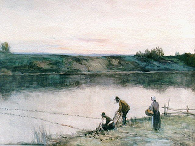 Ferdinand Bernhard Höppe | Anglers on the riverbank, Aquarell auf Papier, 46,5 x 64,5 cm, signed l.r.