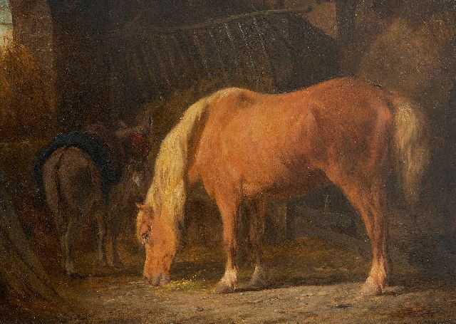 Pieter Frederik van Os | Pferd und Esel im Stall, Öl auf Holz, 16,3 x 22,4 cm, Unterzeichnet u.l.