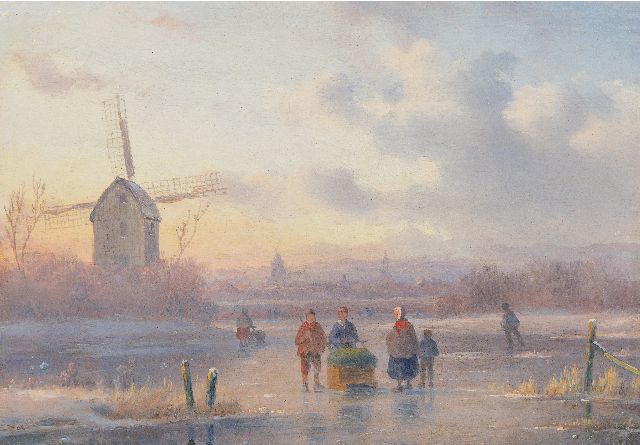 Carl Eduard Ahrendts | Figuren auf einem zugefrorenen Fluss bei Sonnenuntergang, Öl auf Holz, 14,7 x 21,0 cm, zonder lijst