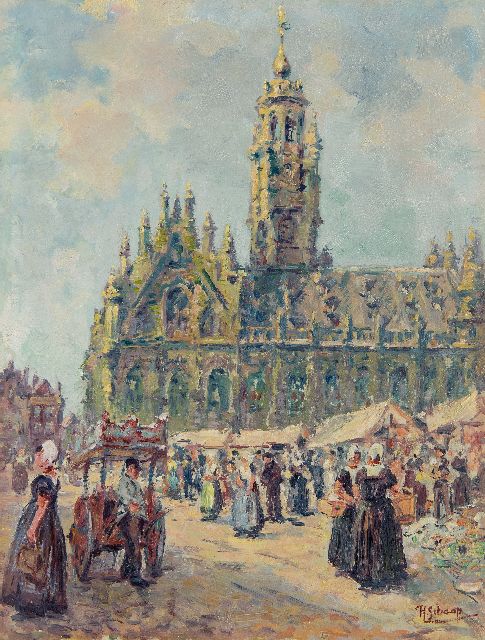 Hendrik Schaap | Markt am Rathaus von Middelburg, Öl auf Malereifaser, 40,7 x 30,8 cm, Unterzeichnet u.r.