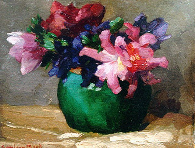 Beek S.J. van | Coloured flowers in a ginger jar, Öl auf Leinwand auf Holz 18,4 x 24,0 cm, signed l.l.