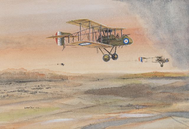 Norman Wilkinson | Britische Jagdflieger über der Somme, Frankreich, vor L. Hawker, Aquarell auf Papier auf Holzfaserplatte, 27,9 x 40,8 cm, Unterzeichnet u.l. und datiert '16