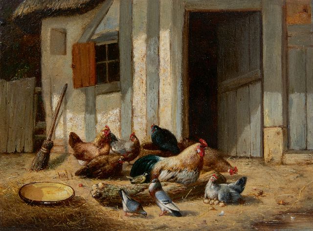 Eugène Remy Maes | Hahn und Hühner auf dem Hof, Öl auf Holz, 17,8 x 24,0 cm, 1860