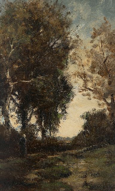 Théophile Emile Achille de Bock | Bäuerin auf einem Waldweg, Öl auf Tafel, 32,9 x 20,5 cm, Unterzeichnet u.l.