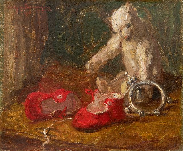 Willem van Nieuwenhoven | Stillleben mit Bär und roten Kinderschuhen, Öl auf Leinwand, 30,0 x 35,9 cm, Unterzeichnet o.l. und datiert 1914