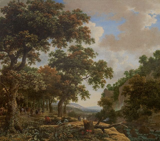 Joris van der Haagen | Italianisierende Hügellandschaft mit Jägern, Öl auf Leinwand, 132,5 x 150,5 cm