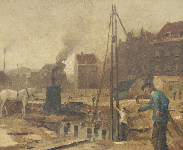 Evert Jan Ligtelijn | Baustelle in einer Stadt, Öl auf Holz, 39,8 x 47,9 cm, Unterzeichnet u.r.