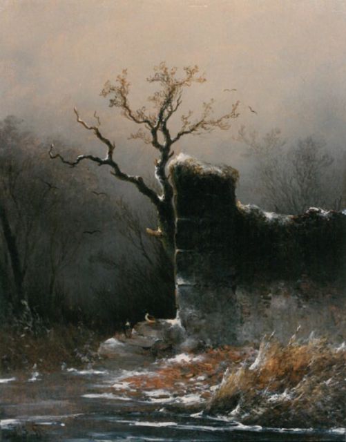 John Franciscus Hoppenbrouwers | Winterlandschap met ruine, Öl auf Holz, 27,3 x 21,5 cm, gesigneerd l.o. mon