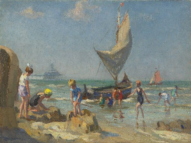 Soonius L.  | Kinder am Strand von Scheveningen, Öl auf Leinwand 30,2 x 40,2 cm, Unterzeichnet u.l.