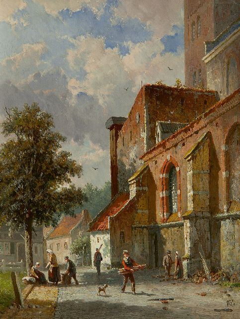 Adrianus Eversen | Sonnige Gasse hinter der Kirche, Öl auf Holz, 27,0 x 20,8 cm, Unterzeichnet u.r. mit Monogramm