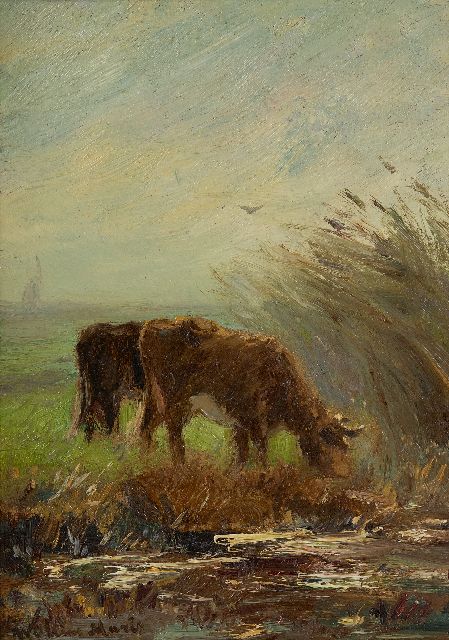 Willem Maris | Weidende Kühe, Öl auf Malereifaser, 24,6 x 17,2 cm, Unterzeichnet u.l.