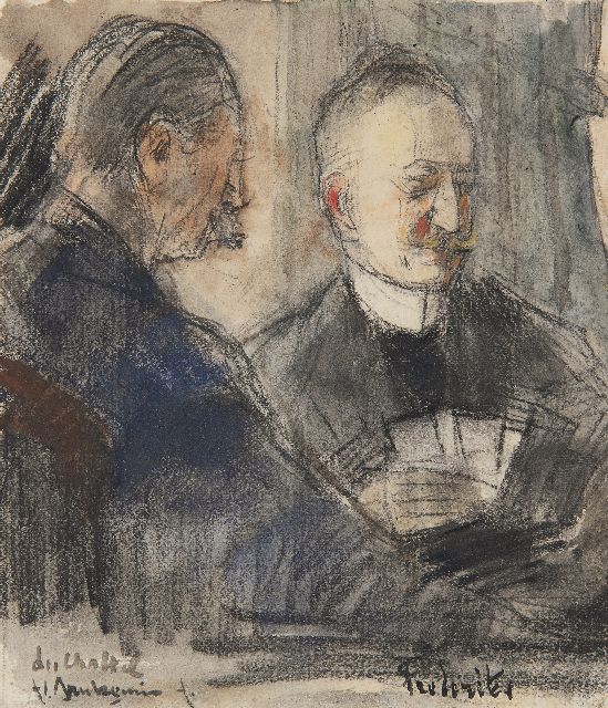 Floris Arntzenius | F.J. van Rossum du Chattel und J.A. Frederiks am Kartenspielen in Pulchri, crayon and watercolour on paper, 13,7 x 11,6 cm, Unterzeichnet u.l.
