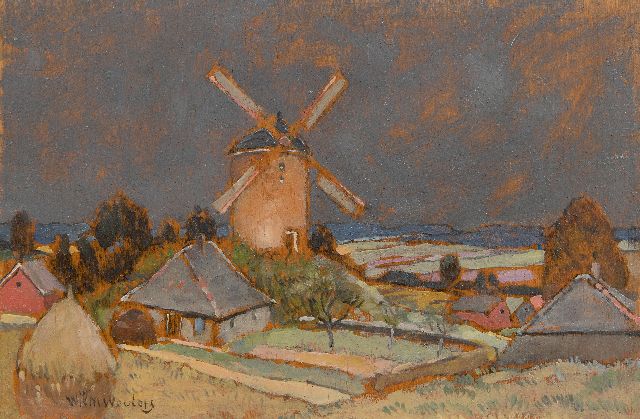 Wilm Wouters | Hügellandschaft mit Mühle, Öl auf Tafel, 13,2 x 19,7 cm, Unterzeichnet u.l.