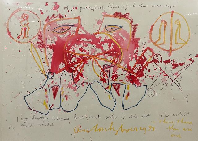 Anton Heyboer | The potential kiss of lesbian women, Bleistift, Kreide und Aquarell auf Papier, 78,4 x 107,5 cm, Unterzeichnet u.m. und datiert 1989