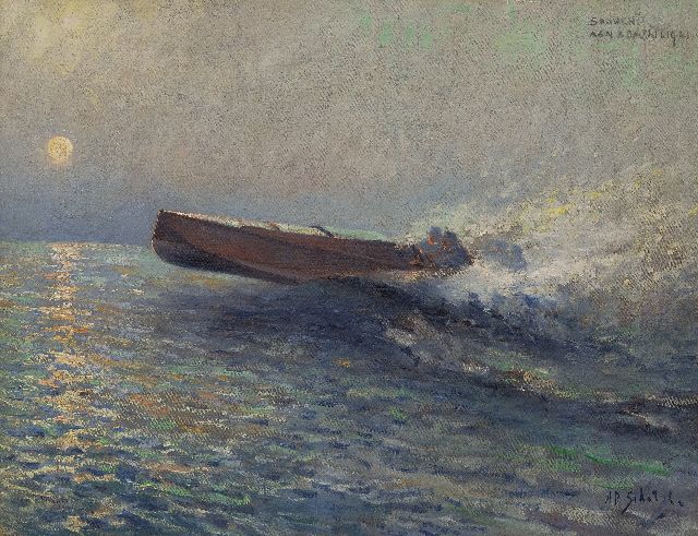 A.P. Schotel | Speedboat-Rennen bei Sonnenuntergang, Öl auf Leinwand, 43,6 x 57,3 cm, Unterzeichnet u.r.