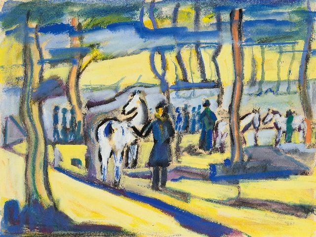 Karel Arkema | Figuren und Pferde in farbiger Landschaft, Gouache auf Papier, 37,5 x 49,7 cm, Unterzeichnet u.r. und datiert 1955