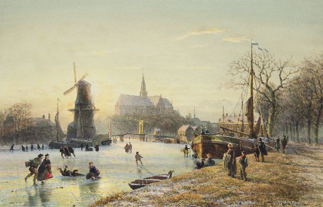 Johannes Josephus Destrée | Schlittschuhlaufen auf der Spaarne mit die Mühle De Adriaan und die St. Bavokerk, Haarlem, Aquarell auf Papier, 36,5 x 56,6 cm, Unterzeichnet u.r.