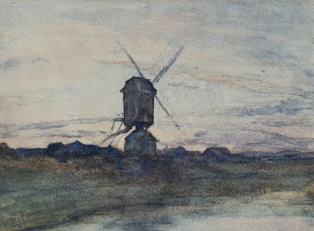 Constan Gabriel | Mühle bei Sonnenuntergang, Schwarze Kreide und Aquarell auf Papier, 26,2 x 35,4 cm, Unterzeichnet u.l.