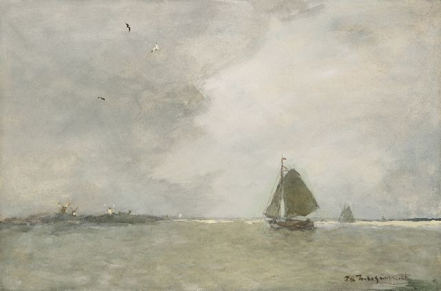 Jan Hendrik Weissenbruch | Platboden Boote auf dem See, Aquarell auf Papier, 34,8 x 52,4 cm, Unterzeichnet u.r.