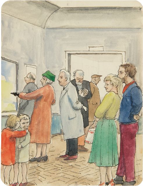 Harm Kamerlingh Onnes | Die Ausstellung (mit dem Maler selbst in der Mitte), Feder und Tinte und Aquarell auf Papier, 13,1 x 10,0 cm, Unterzeichnet auf der Rückseite und zu datieren 1956