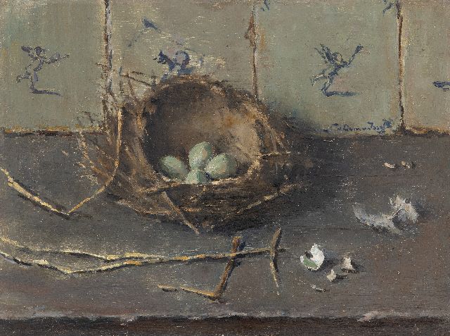 Lucie van Dam van Isselt | Eier im Vogelnest vor dem Hintergrund alter holländischer Kacheln, Öl auf Tafel, 30,1 x 40,2 cm, Unterzeichnet r.m.